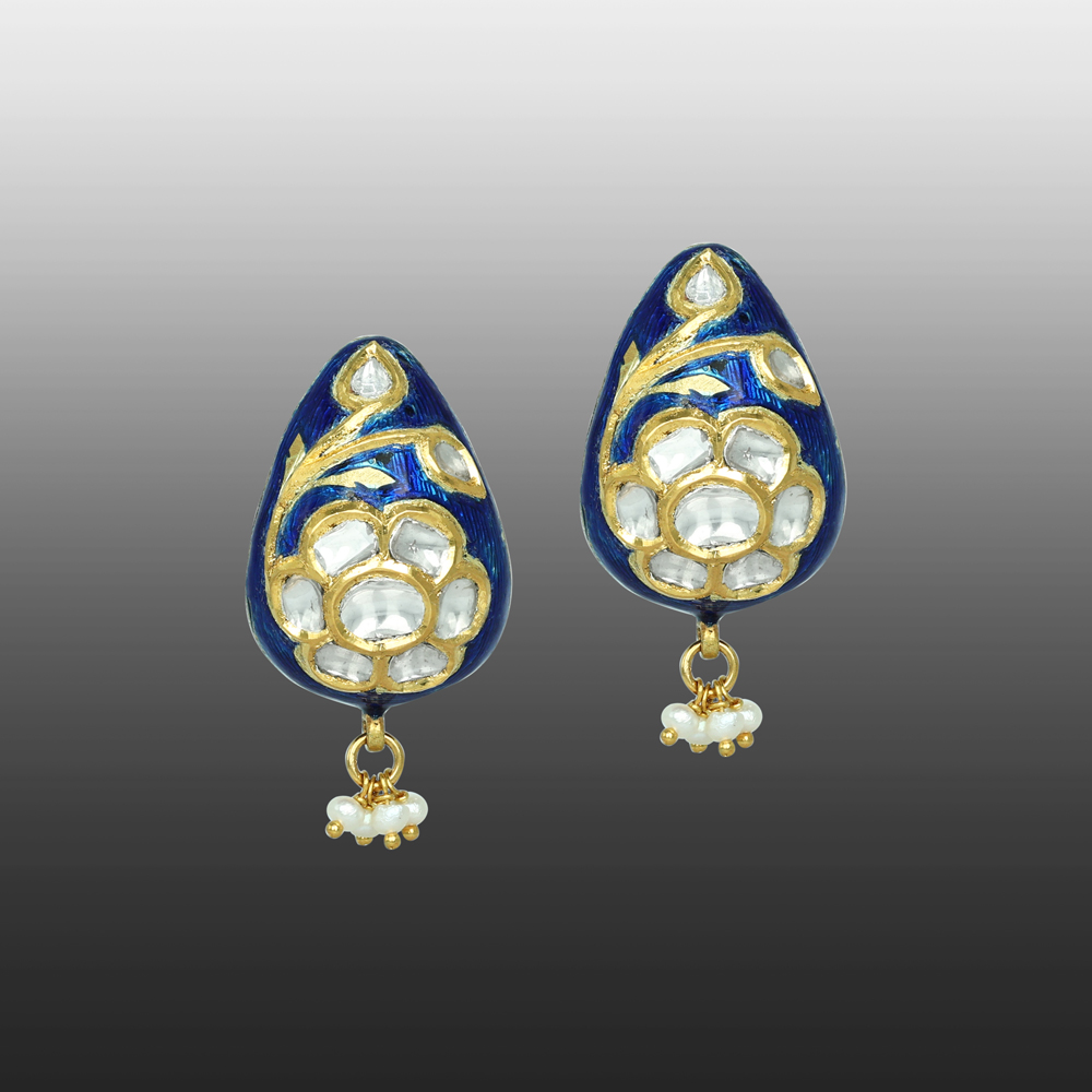Blue Enamel Polki Earrings with Floral Motif and Pearl Cluster